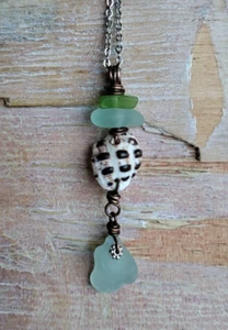 Frosty Sea Glass & Drupe Shell Necklace Surf Hawaiian Beach Teen Mixed Metals - Picture 1 of 9