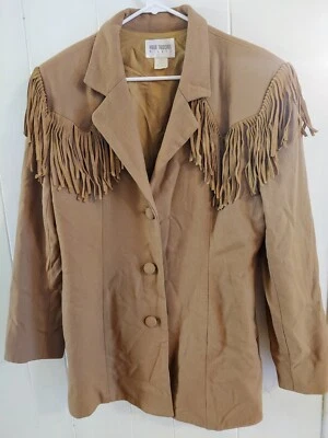 Chaqueta Blazer Mujer Grande De Colección Años 90 Hugo Buscati Flecos Vaquera Occidental Lana Tostada Foto 1 de 4