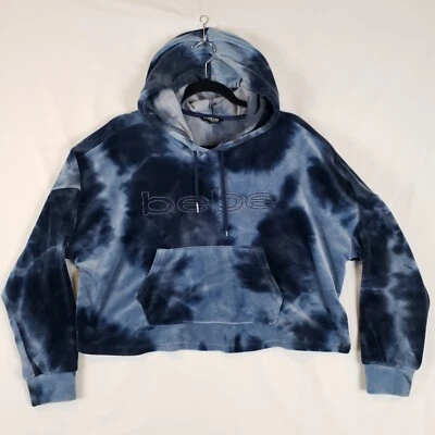 Bebe 运动丝绒连帽衫女式大号蓝色扎染裁剪套衫 Y2K — 第 1/4 张图片