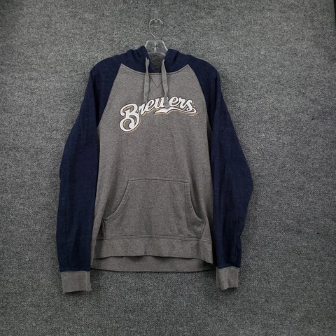Milwaukee Brewers Hoodie Mens M Medium Gray Color Block Raglan Sleeves Fanatics Cover