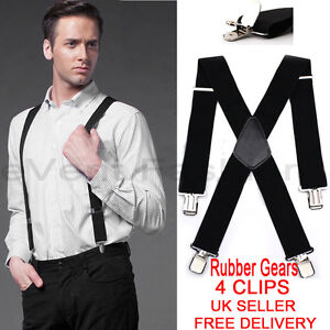 35mm Unisex Mens Men Braces Plain Black Wide & Heavy Duty Suspenders Adjustable