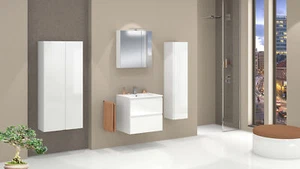 Badmöbel Set mit Waschbecken Keramik RENO 60cm WEISS HOCHGLANZ MDF LED SOFTCLOSE - Bild 1 von 16