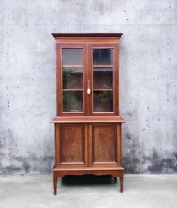 Compact Antique Early C20th Glazed Mahogany Display China Cabinet Bookcase - Picture 1 of 13