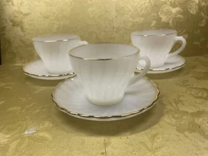 3 set Anchor Hocking Fire King Milk Cup Saucer Glass Golden Shell - Picture 1 of 5