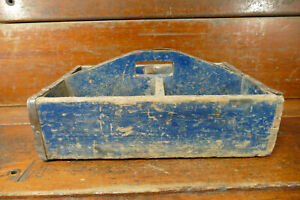 ANTIQUE AMERICAN BLUE PAINTED 4 COMPARTMENT TOOL TRUG CARRIER - Large 20” Long