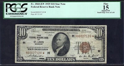 🇺🇸 1929 $10 FRBN "St. Louis " ♚♚STAR♚♚  ♚♚STAR♚♚  PCGS F15 - Image 1 of 2