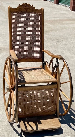 Antique Oak Cane Wheelchair Recliner with Rear Swivel Wheel Turn-of-the-Century Cover