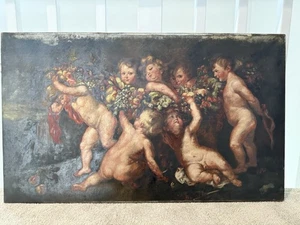 Antique Cherubs w/ “Garland of Fruit” In The Style Of Peter Paul Ruebens 24x 39” - Picture 1 of 6