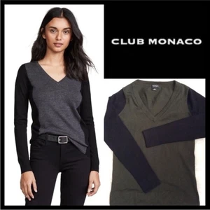 Club Monaco Agnes Pullover V-Ausschnitt 100% extrafeine Merinowolle MEDIUM grün schwarz - Bild 1 von 11