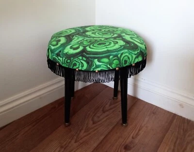 Vintage upcycled mid century small stool footstool green malachite fabric - Image 1 of 4