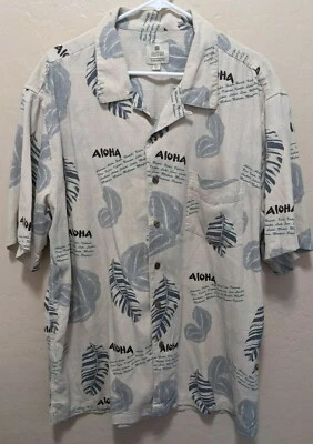 Solitude Brand Men's XL Hawaiian Aloha Shirt Beige and Blue Washable Silk - Image 1 of 4
