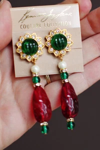 KJL Kenneth Lane Simulated Emerald Ruby Crystal Starburst Drop Earrings Clip On - Picture 1 of 6