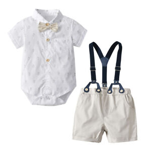 2PCS Newborn Baby Boy Summer Romper Tops+Straps Shorts Gentleman Clothes Outfit 