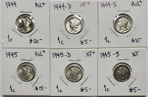 1944-D-S, 1945-D-S,  (6) Mercury Dimes, US Coin Cover