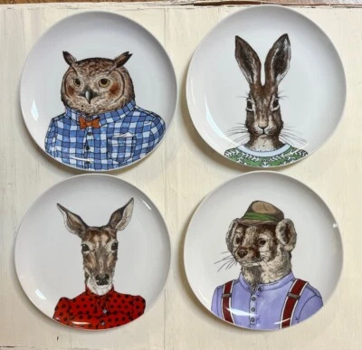 4 WEST ELM Rachel Kozlowski Dapper Animals Plates Deer Owl Badger Rabbit Rare - Image 1 of 4