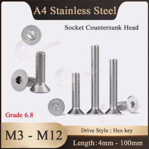 Grade 6.8 Allen Hex Socket Countersunk Head Screw Bolt A4 Stainless Steel M3-M12 - Picture 1 of 7