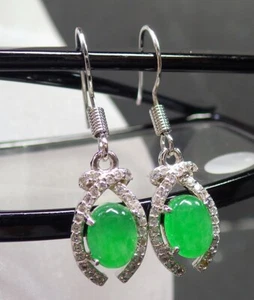 White Gold Plate Icy Green JADE Earrings Cabochon Diamond Imitation 322665 - Picture 1 of 7