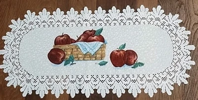 Lace Apple Basket Table Runner Centerpiece Fall White Red Harvest 14 x 30 Stiff - Image 1 of 4