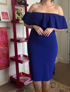 Vintage 1990s Royal Blue Off-Shoulder Knee Length Cocktail Dress - Picture 1 of 8