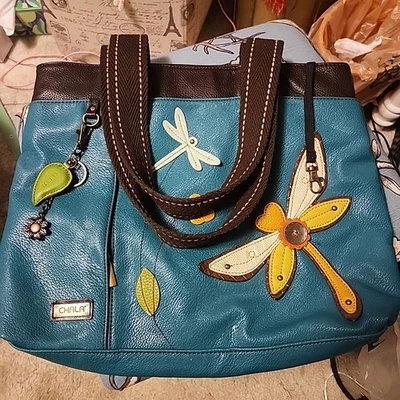 Chala Tote HandBag Purse Turquoise Faux Leather Dragonfly Large Zip Snap Pockets - Image 1 of 4