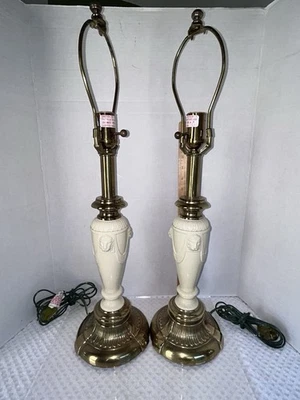 Ethan Allen 24” Ivory Enamel Brass Hollywood Regency Lion Table Lamp Pair VTG  - Image 1 of 4