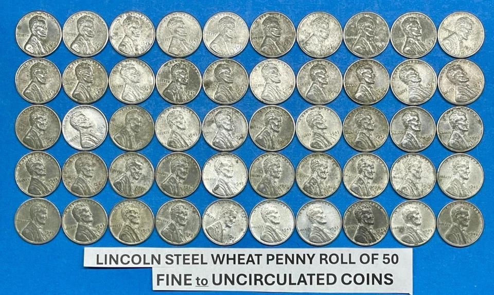 Lote de 50 rollos de centavos de trigo de acero ~ todo bien a monedas SIN CIRCULAR Foto 1 de 4