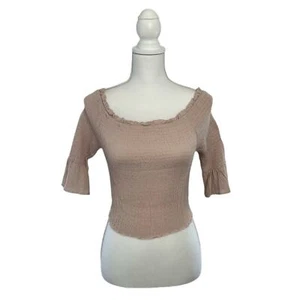 NWT Kendall & Kylie Pink Cropped Smocked Off Shoulder Short Sleeve Top Size S - Picture 1 of 11