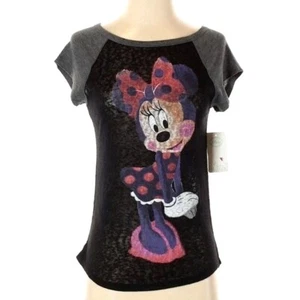 DISNEY Womens T-Shirt SZ 3/5 Minnie Mouse Burnout Graphic Black Raglan - Picture 1 of 4