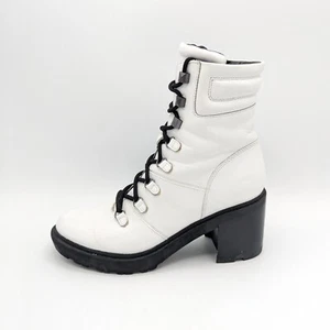 Marc Fisher White Leather Lugsole Combat Boots Zip Up Sz 7 (37) Chunky Heel Moto - Picture 1 of 8