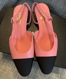 Size 41EU NEW CHANEL 24P Pink Goatskin Grosgrain Cap Toe CC Slingback Flat - Picture 1 of 20