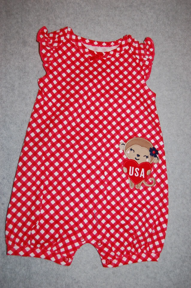 Baby Girls Jumper Shorts RED WHITE GINGHAM 1 PC ROMPER Heart USA Monkey 3-6 MO - Image 1 of 1