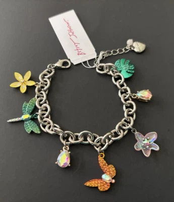 Pulsera Betsey Johnson Charm Cadena Tono Plata/Libélula Mariposa Flor Nueva con Etiquetas Foto 1 de 4
