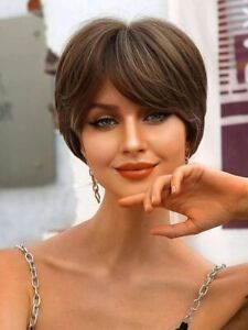 Newest Short Straight Hair with Bangs Brown Highlight Blonde Synthetic Wig Party