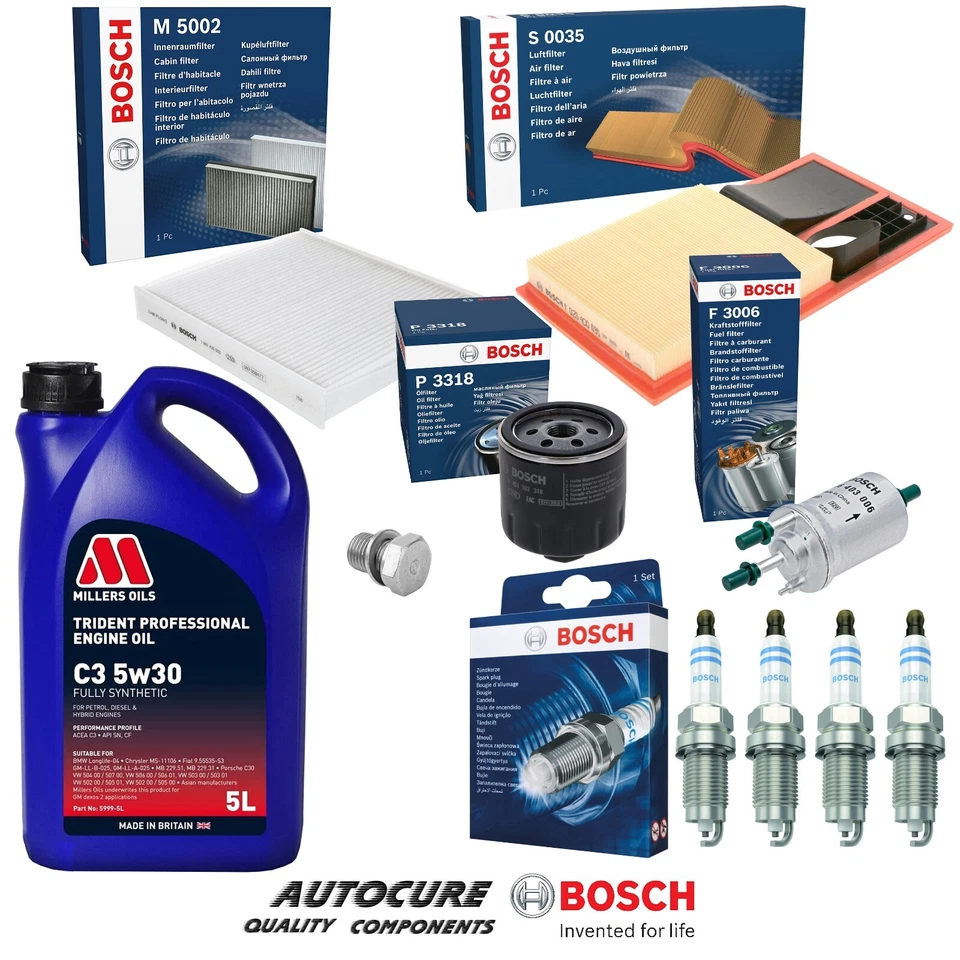 FOR SEAT IBIZA 1.4 TOCA MK4 2008-2015 FULL BOSCH FILTER SERVICE KIT PLUGS & 5L - Image 1 of 1