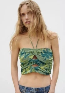 BNWT Zara Jacquard Green Printed Crop top Halter neck With Cut Out Detail Small - Picture 1 of 11