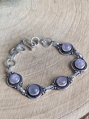 Brazalete de piedras preciosas redondas múltiples de cuarzo rosa enchapado en plata de ley 925 boho retro Foto 1 de 3