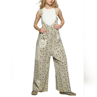 Mono Boho POL Gris Verde Algodón Floral Pierna Ancha NUEVO Talla Pequeña Foto 1 de 4