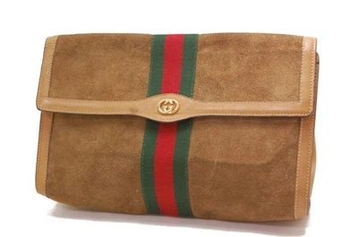 Auténtico Bolso Clutch GUCCI Gamuza Línea Jerez Marrón 1121a Foto 1 de 4