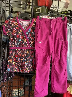 Koi by Kathy Peterson Purple Floral Scrubs Set sz XS XXS - Image 1 of 4