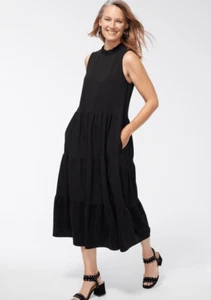Chicos NWT $159 Midi Dress Tiered Ponte Solid Black All Occasions/ Seasons Sz 12 - Picture 1 of 13