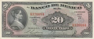Mexico: $20 Pesos La Corregidora Dec 27, 1950 El Banco de Mexico UNC. - Picture 1 of 2