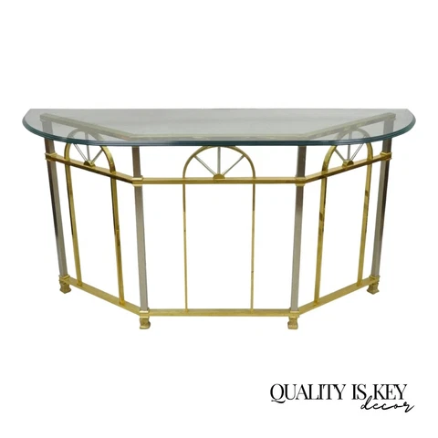 Vtg Italian Hollywood Regency Brass and Steel Pinwheel Console Sofa Hall Table Cover