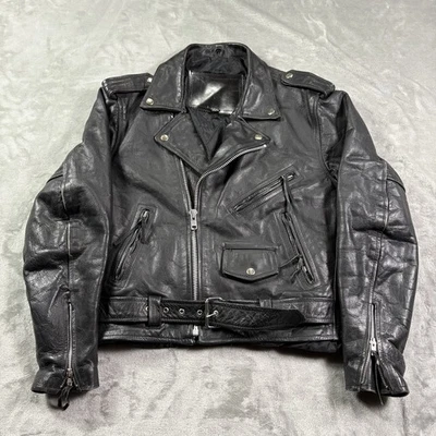 Jaqueta de motociclista masculina de couro vintage tamanho 42 preta 100% couro Morocylce com cinto pesado - Imagem 1 de 4