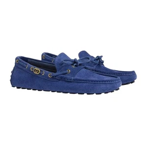 Authentic Men's Gucci Blue Suede Interlocking G Driving Loafer Moccasin New - Picture 1 of 5