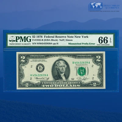 1976 $2 Federal Reserve Note, MISMATCHED PREFIX ERROR, PMG GEM 66 EPQ #32839 - Image 1 of 3