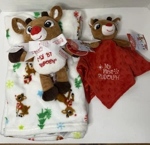 Rudolph Christmas Baby Gift Set Blanket & Rudolph Plush Plus Rudolph Soother New - Picture 1 of 4