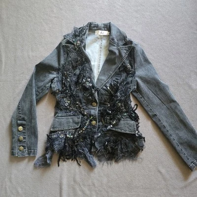 Vintage Y2K Rossi Roma  Denim Jacket  Sequin Lace Beaded  Sz. Small Black/Grey - Image 1 of 4