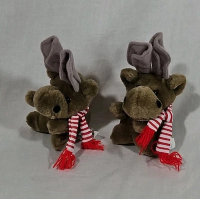 Mini Moose Vintage Ganz Plush Stuffed Animal 2pc Hanging Ornaments Striped Scarf - Image 1 of 4