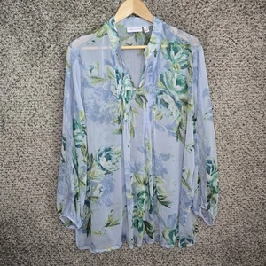 Susan Graver Top Womens Plus 1X Blue Chiffon Pintuck Blouse Sheer Floral Ladies - Picture 1 of 7