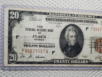 1929 $20 National Currency Brown Seal Note Atlanta, Georgia Nice Note - Image 1 of 4